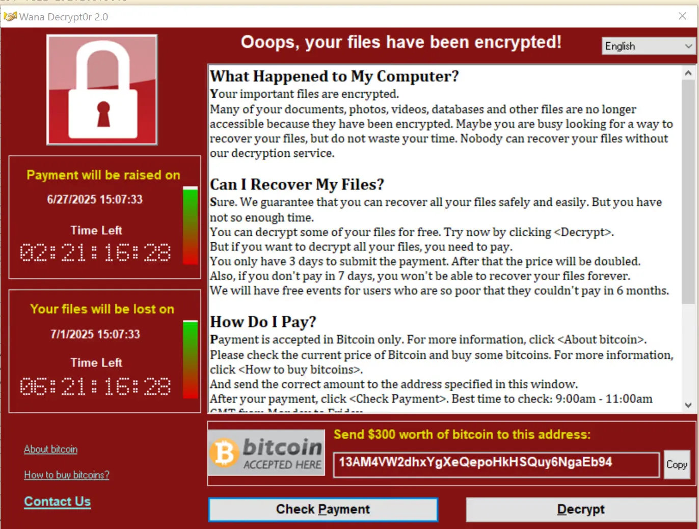 The Wana Decrypt0r 2.0 payment window spawned from u.wnry, with the two countdown timers and the bitcoin address.