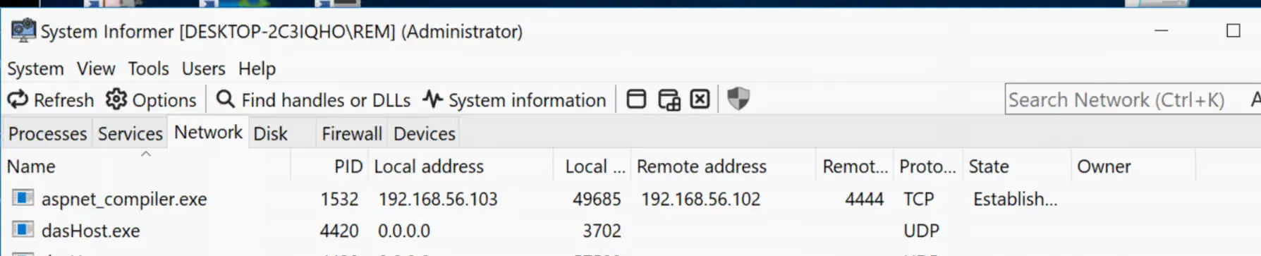 System Informer's Network tab, where aspnet_compiler.exe holds an established TCP connection to 192.168.56.102 on port 4444.