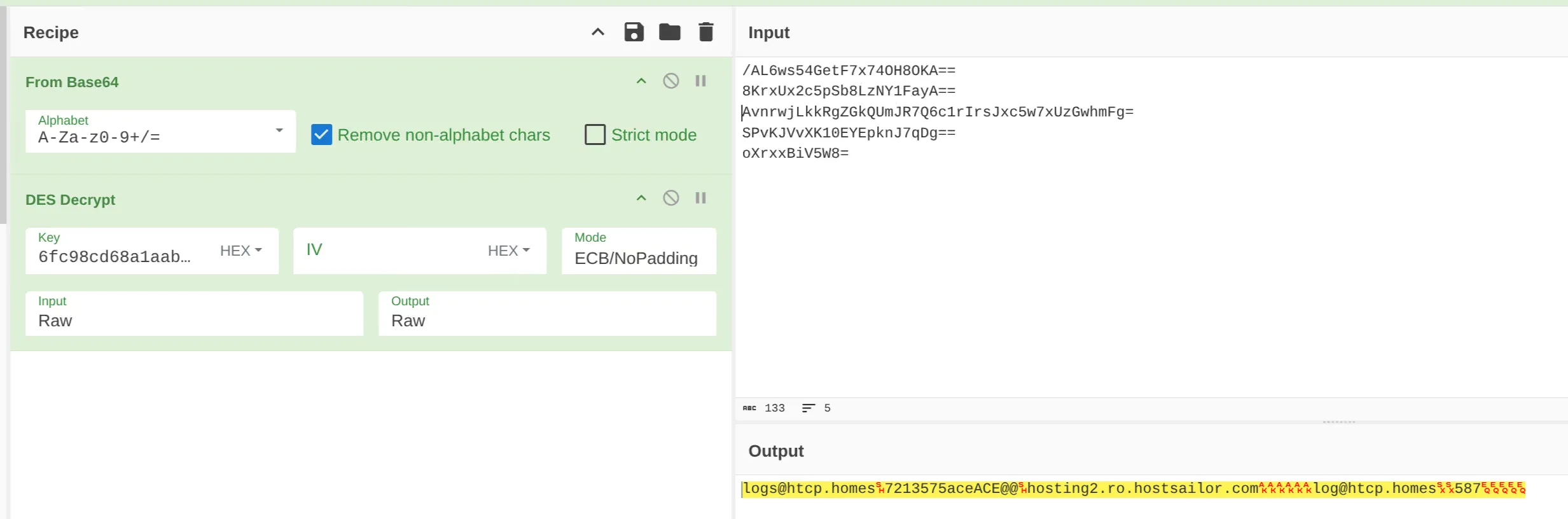 The same From Base64 and DES recipe applied to the five SMTP values, recovering the sender, password, mail server, recipient and port in one pass.