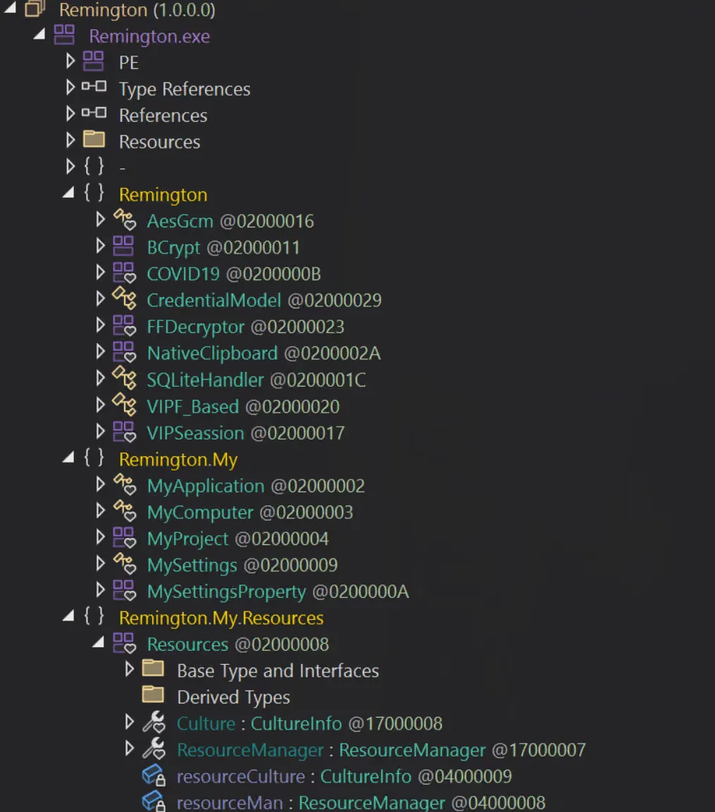 Remington.exe in dnSpy with its three namespaces expanded, showing COVID19, FFDecryptor, NativeClipboard and CredentialModel.