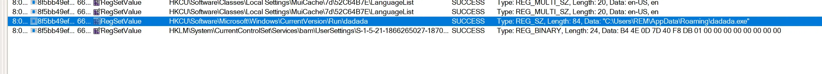 The RegSetValue event on the Run key, writing C:\Users\REM\AppData\Roaming\dadada.exe as a REG_SZ value.