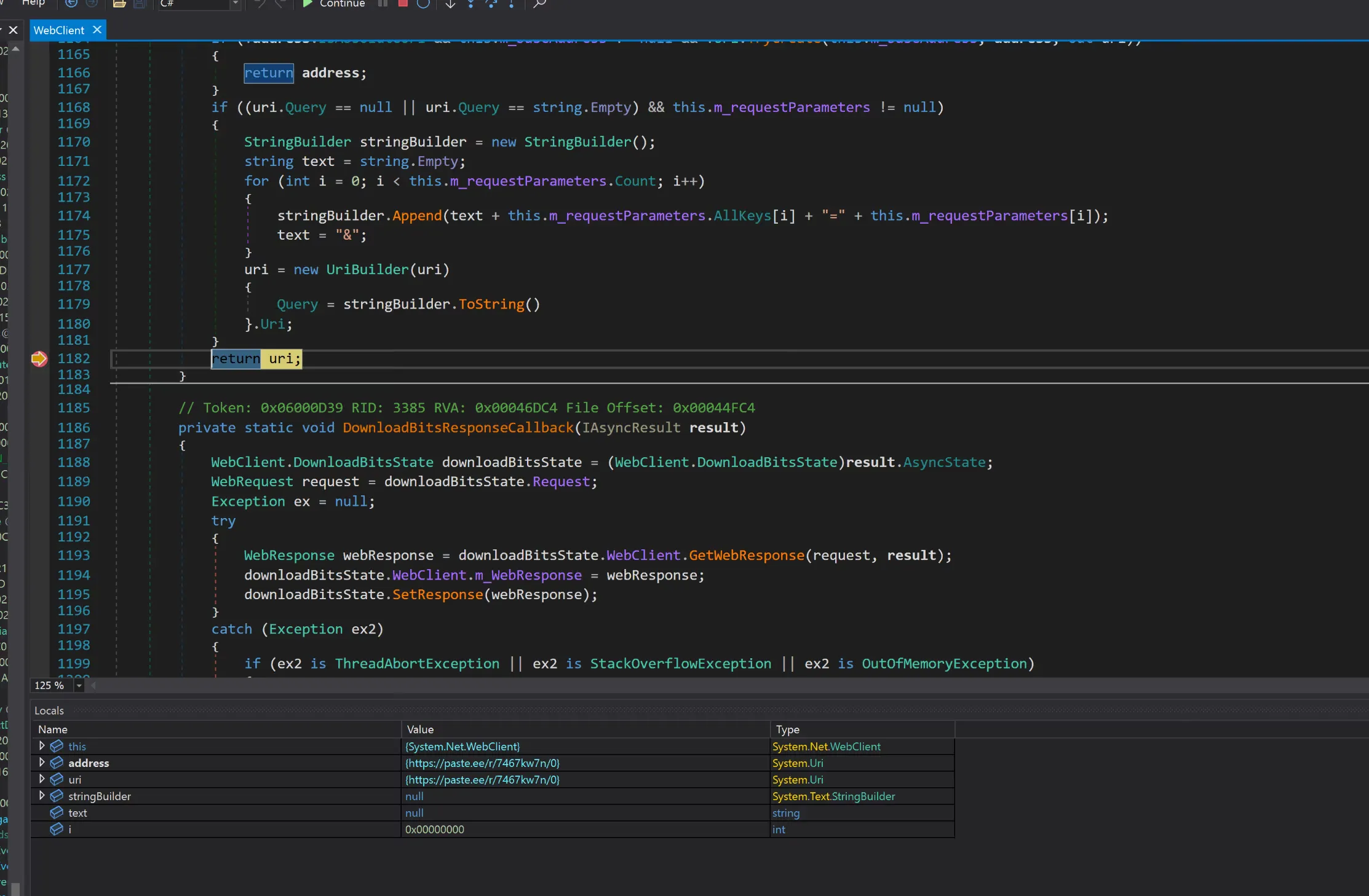 dnSpy stopped inside WebClient, where address and uri both hold https://paste.ee/r/7467kw7n/0.