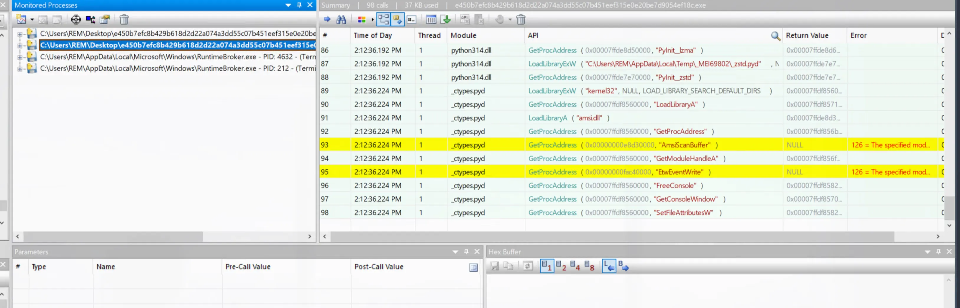 API Monitor showing GetProcAddress for AmsiScanBuffer and EtwEventWrite both returning NULL with error 126, the specified module could not be found.