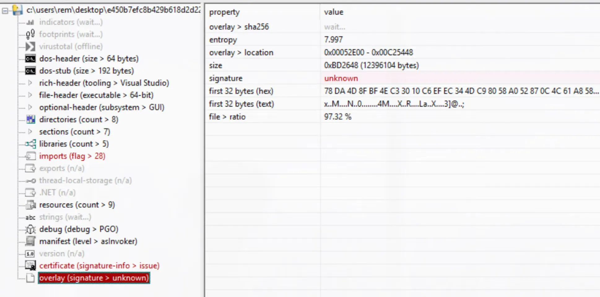 pestudio showing the sample's overlay, 12,396,104 bytes at entropy 7.997, or 97.32% of the file.