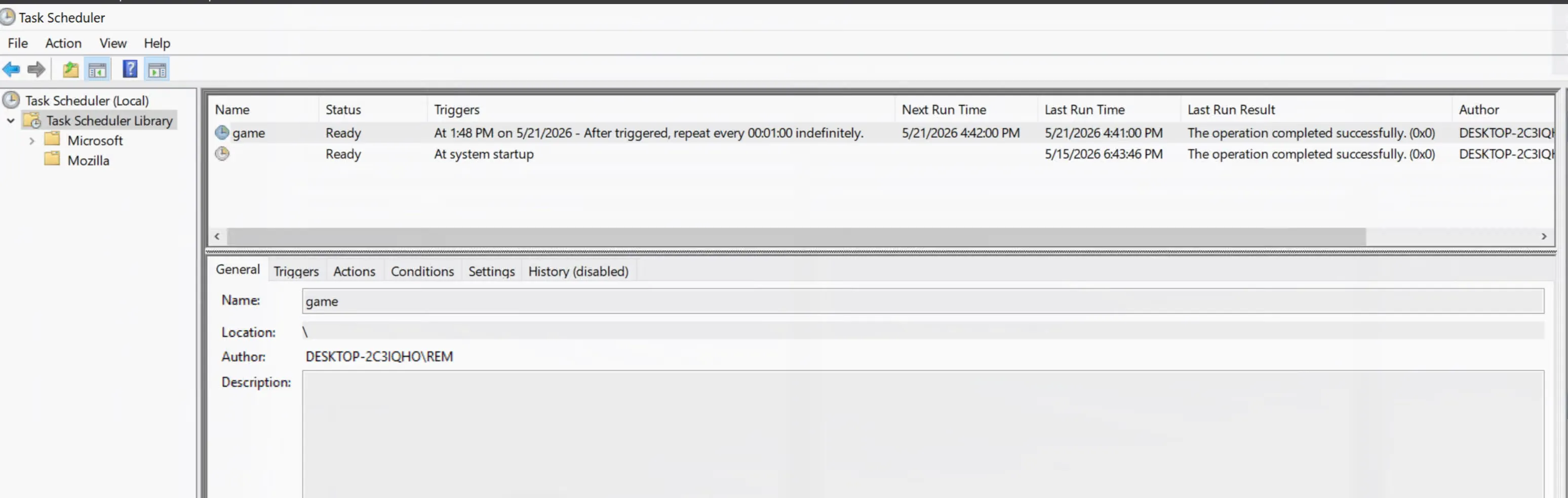 The game task in Task Scheduler, triggered at logon and repeating every minute indefinitely.