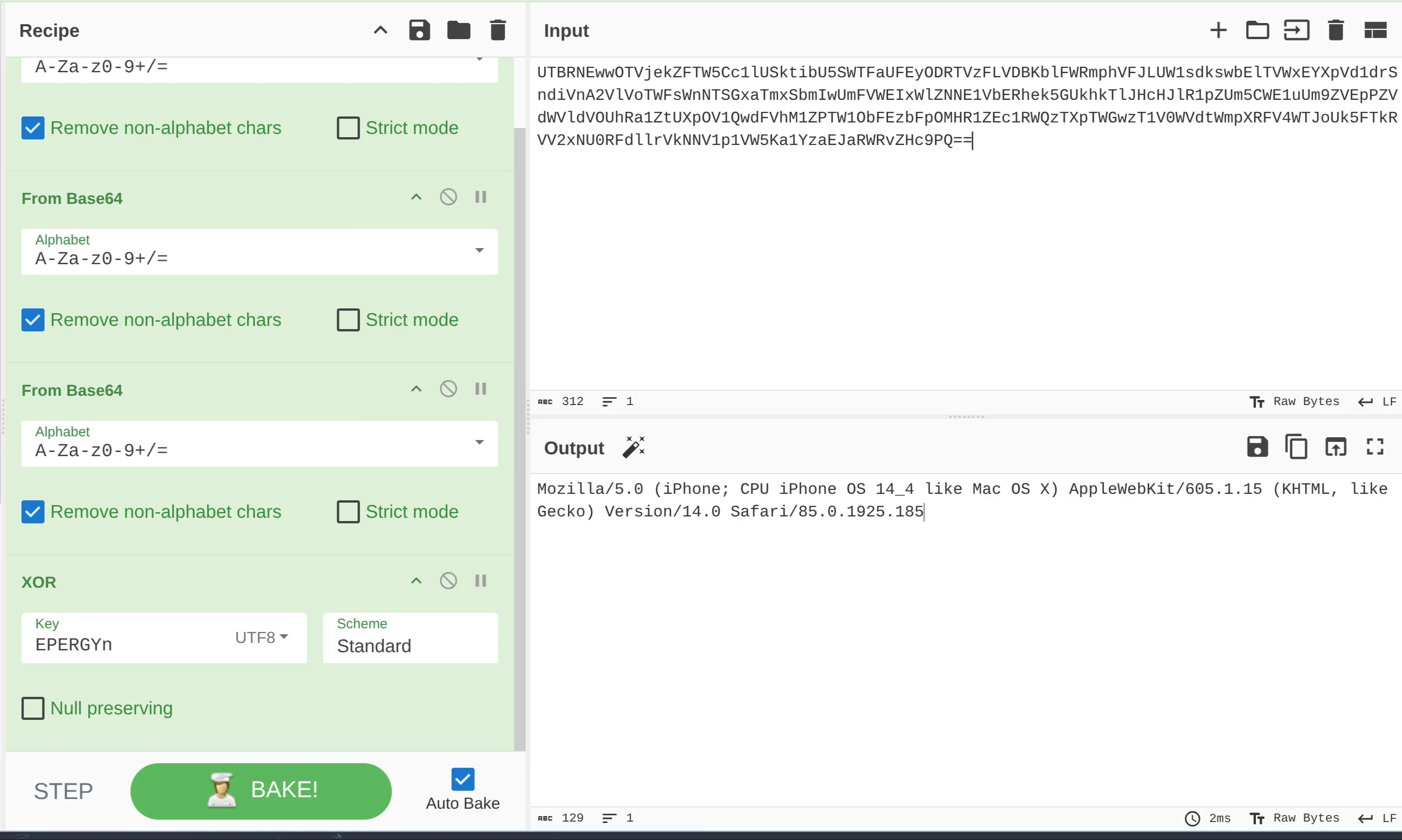 The CyberChef recipe, three From Base64 passes then XOR with the UTF-8 key EPERGYn, decoding one array entry to an iPhone Safari user agent.